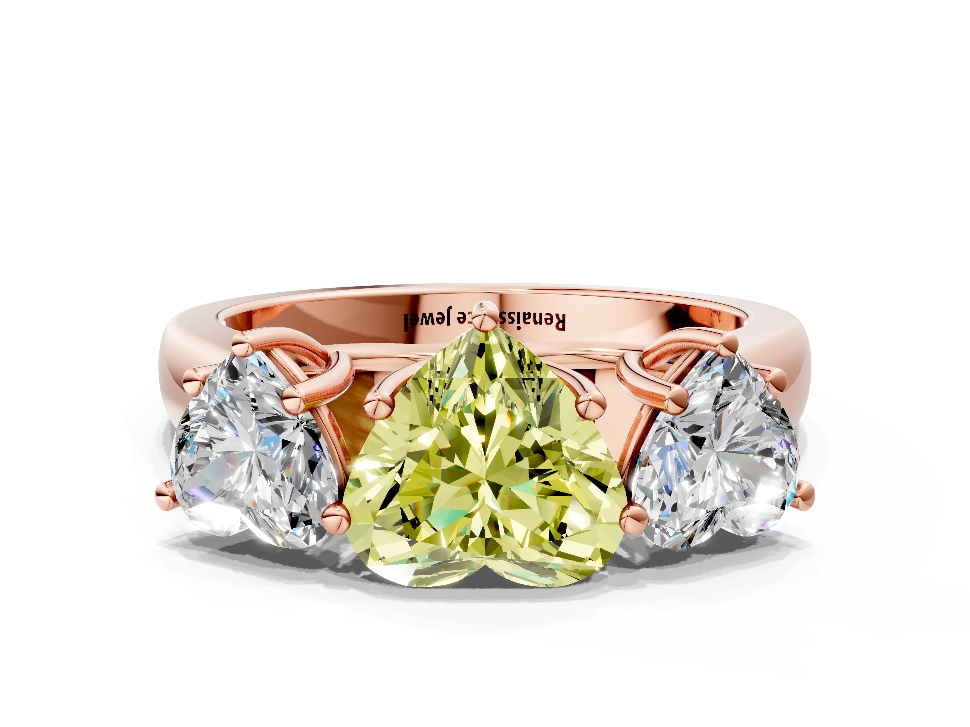 Rose gold Fancy Yellow Heart Cut Three-Stone Diamond Ring with Prong Setting on a Classic Band