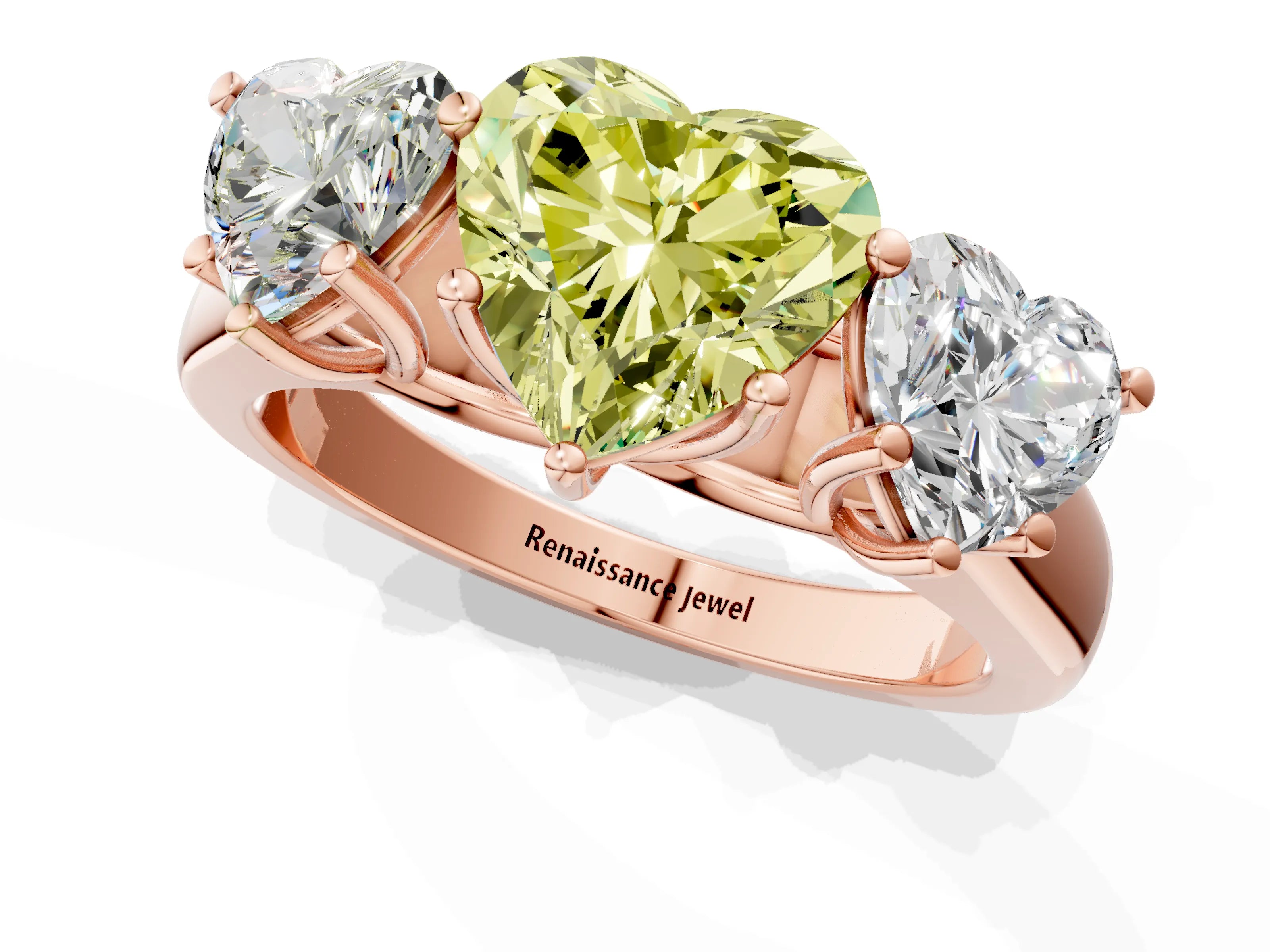 Rose gold Fancy Yellow Heart Cut Three-Stone Diamond Ring with Prong Setting on a Classic Band_1
