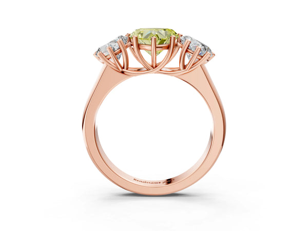 Rose gold Fancy Yellow Heart Cut Three-Stone Diamond Ring with Prong Setting on a Classic Band
