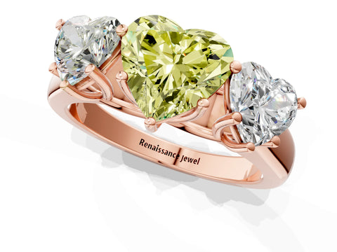 Rose gold Fancy Yellow Heart Cut Three-Stone Diamond Ring with Prong Setting on a Classic Band_1