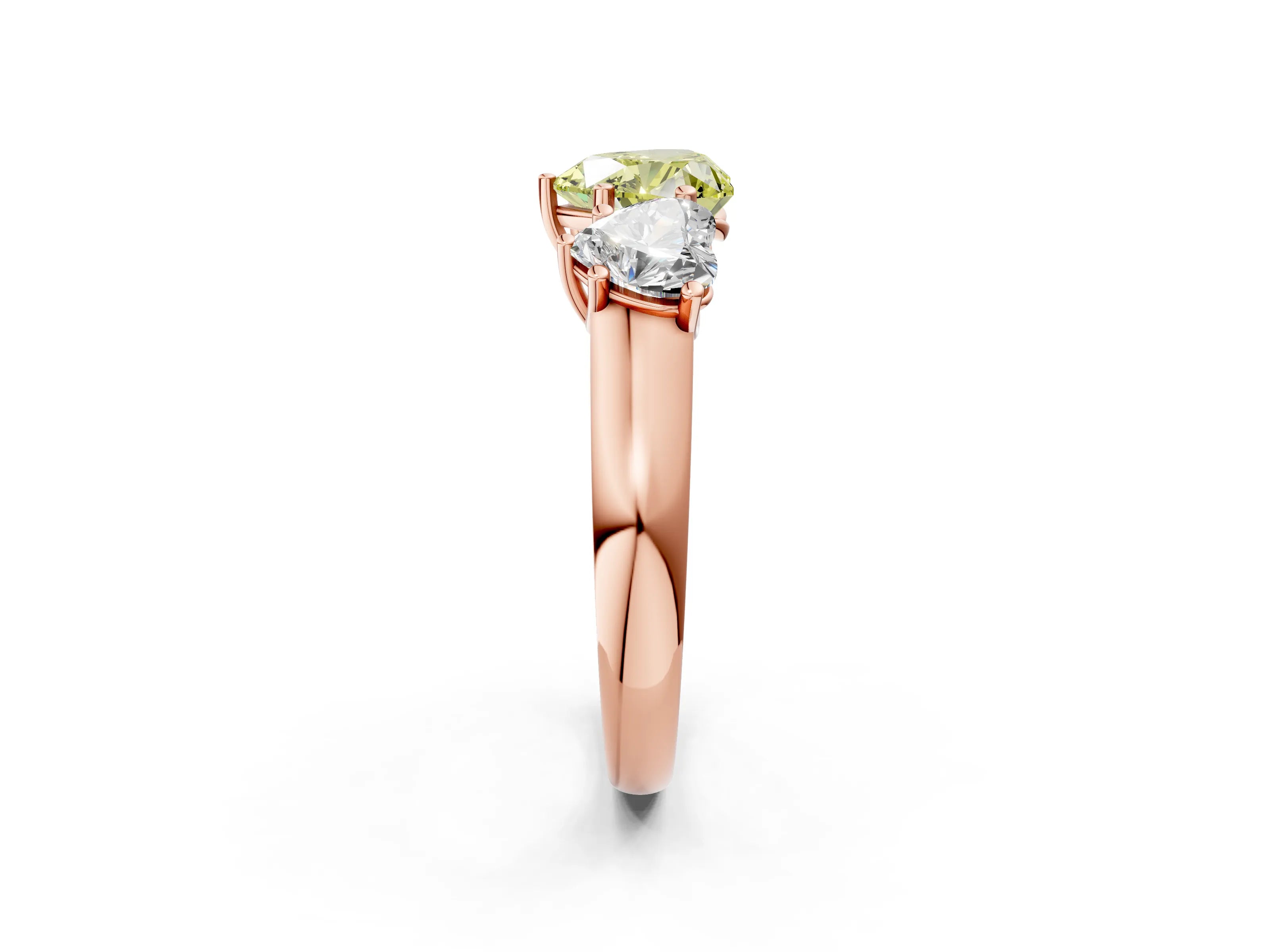 Rose gold Fancy Yellow Heart Cut Three-Stone Diamond Ring with Prong Setting on a Classic Band_2