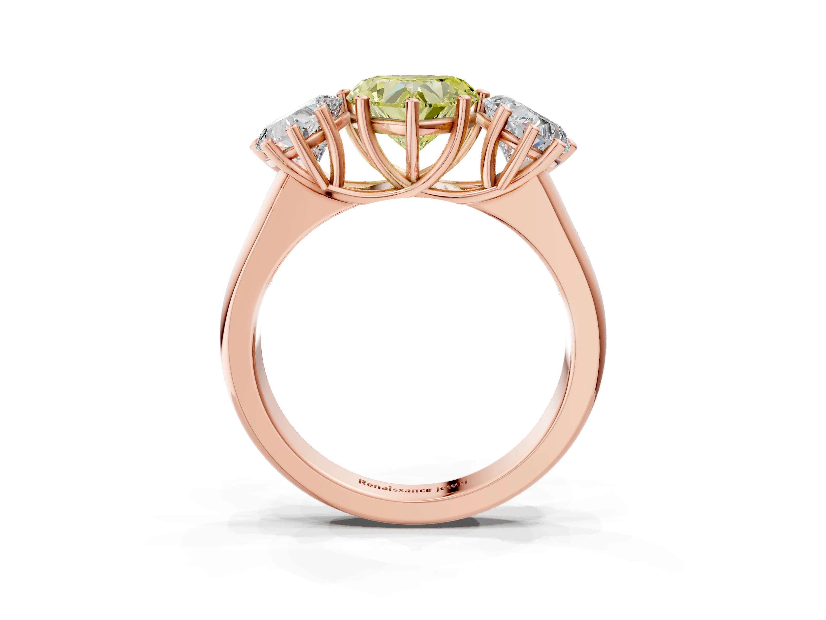 Rose gold Fancy Yellow Heart Cut Three-Stone Diamond Ring with Prong Setting on a Classic Band_3