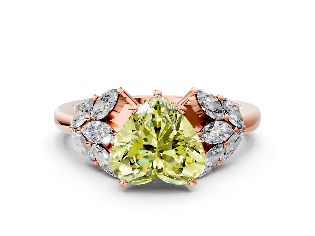 Rose gold Fancy Yellow Heart  Diamond Cluster Leaf Design Ring with Prong Setting_68