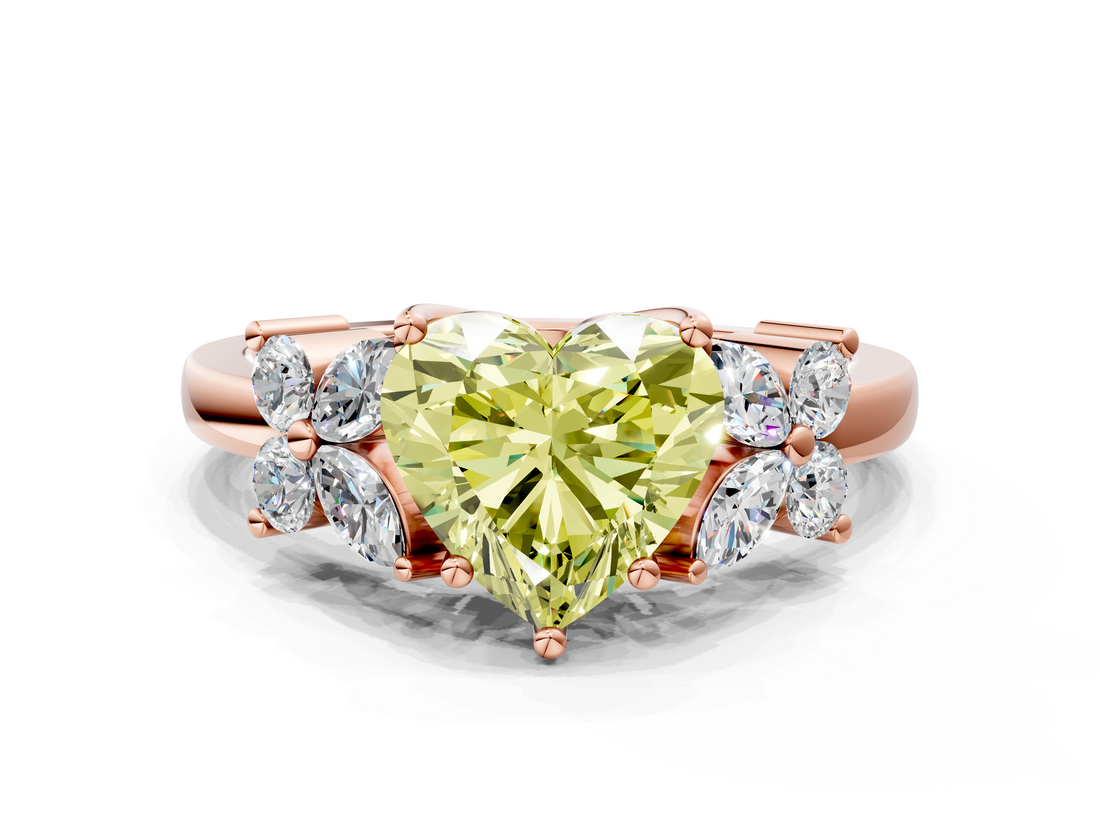 Rose gold Fancy Yellow Heart  Diamond Floral Cluster Ring with Solitaire Band and Prong Setting_48