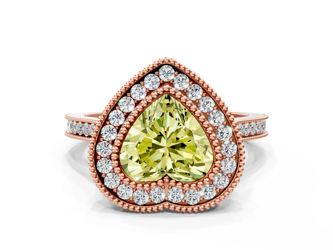 Rose gold Fancy Yellow Heart  Diamond Halo Ring with Milgrain Frame and Pavé Band_60