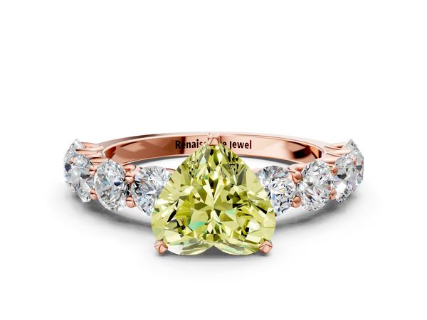 Rose gold Fancy Yellow Heart Cut Diamond Prong Setting with Side Stones on a Pave Band