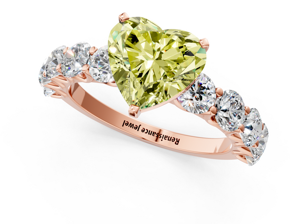 Rose gold Fancy Yellow Heart Cut Diamond Prong Setting with Side Stones on a Pave Band