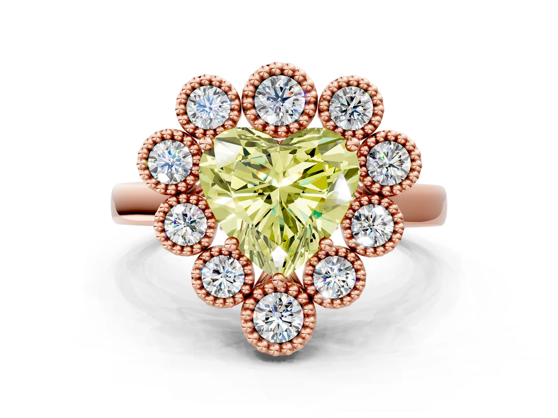Rose gold Fancy Yellow Heart  Halo Diamond Cluster Engagement Ring with Milgrain Bezel Setting and Solitaire Band_75