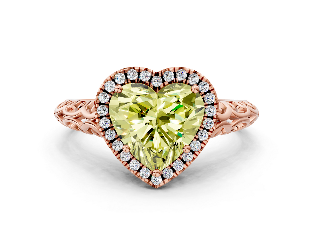 Rose gold Fancy Yellow Heart  Halo Diamond Engagement Ring with Intricate Filigree Band and Four-Prong Setting_37