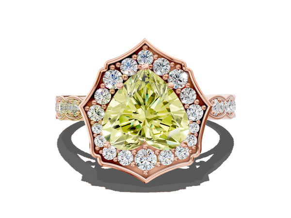 Rose gold Fancy Yellow Heart  Halo Diamond Engagement Ring with Milgrain Band and Four-Prong Setting