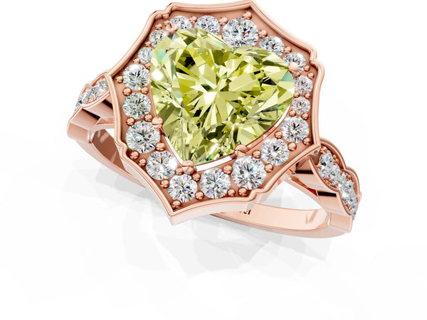 Rose gold Fancy Yellow Heart  Halo Diamond Engagement Ring with Milgrain Band and Four-Prong Setting