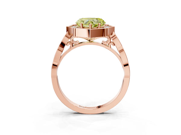 Rose gold Fancy Yellow Heart  Halo Diamond Engagement Ring with Milgrain Band and Four-Prong Setting