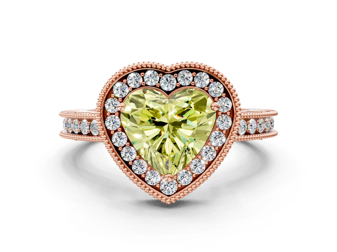 Rose gold Fancy Yellow Heart  Halo Diamond Engagement Ring with Milgrain Pave Band and Four-Prong Setting_51