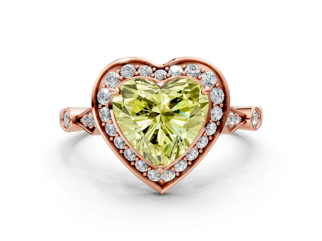 Rose gold Fancy Yellow Heart  Halo Diamond Engagement Ring with Twisted Band and Four-Prong Setting