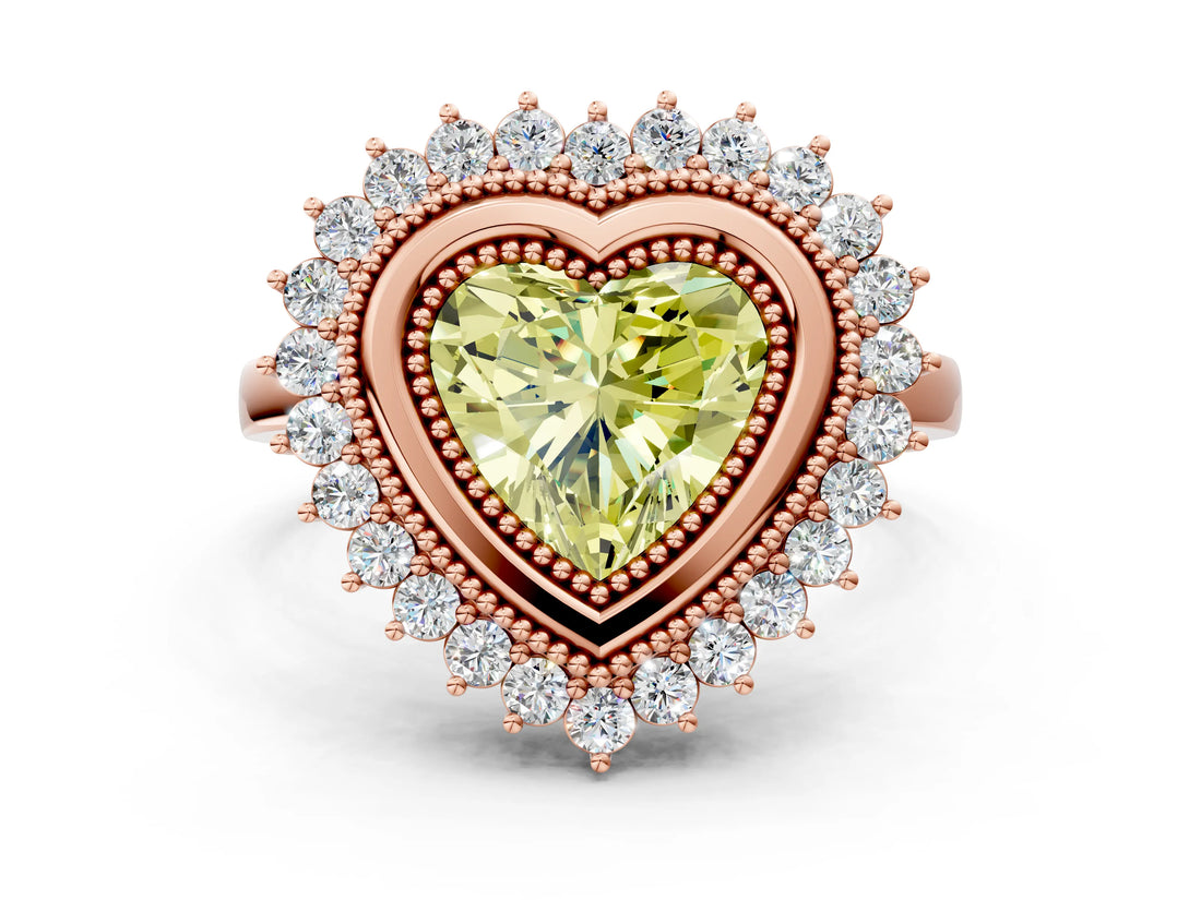 Rose gold Fancy Yellow Heart  Halo Diamond Ring with Milgrain Edge and Round Prong Setting_26