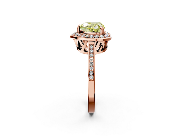 Rose gold Fancy Yellow Heart Cut Diamond Halo Ring with Split Shank and Four-Prong Setting