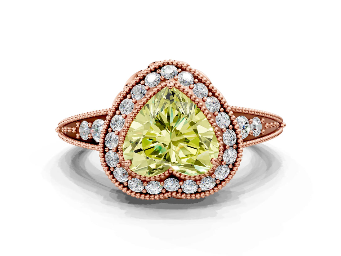 Rose gold Fancy Yellow Heart  Halo Diamond Split Shank Ring with Milgrain Detail_49