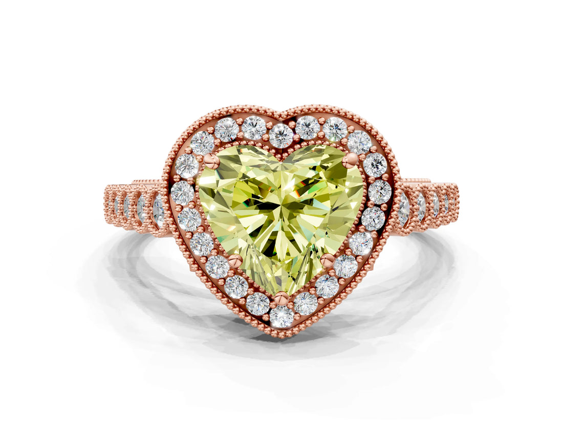 Rose gold Fancy Yellow Heart  Halo Milgrain Solitaire with Bezel Set Side Stones and Pave Band_32