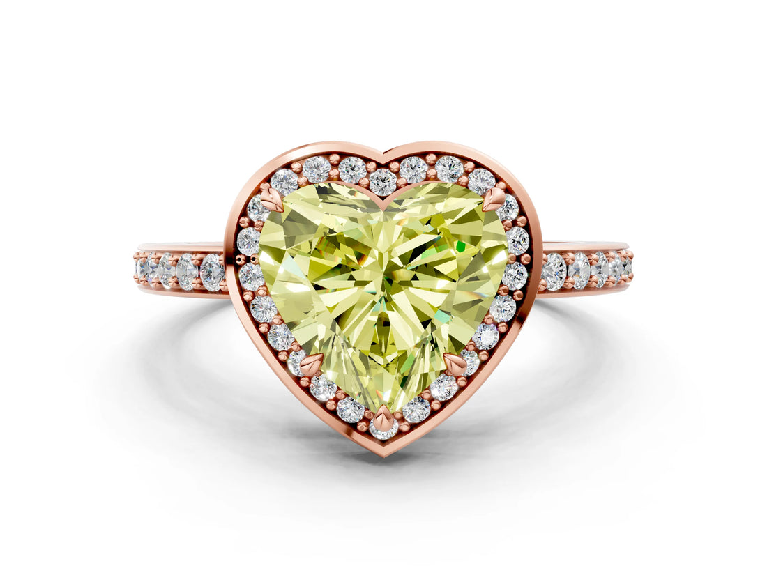 Rose gold Fancy Yellow Heart  Halo Pave Band Solitaire Ring with Prong Setting_66
