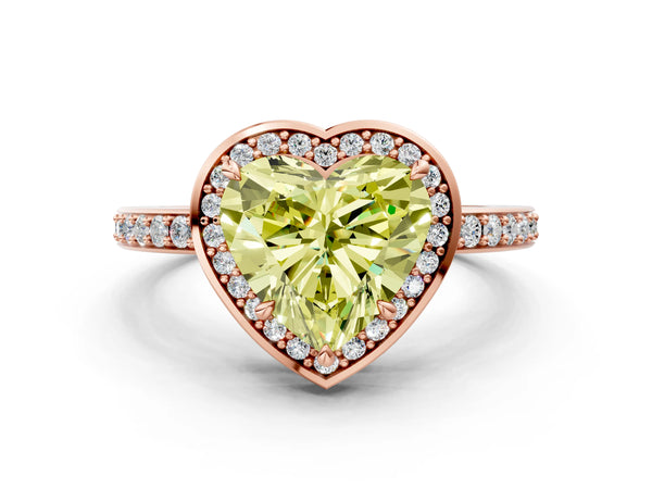 Rose gold Fancy Yellow Heart  Halo Pave Band Solitaire Ring with Prong Setting