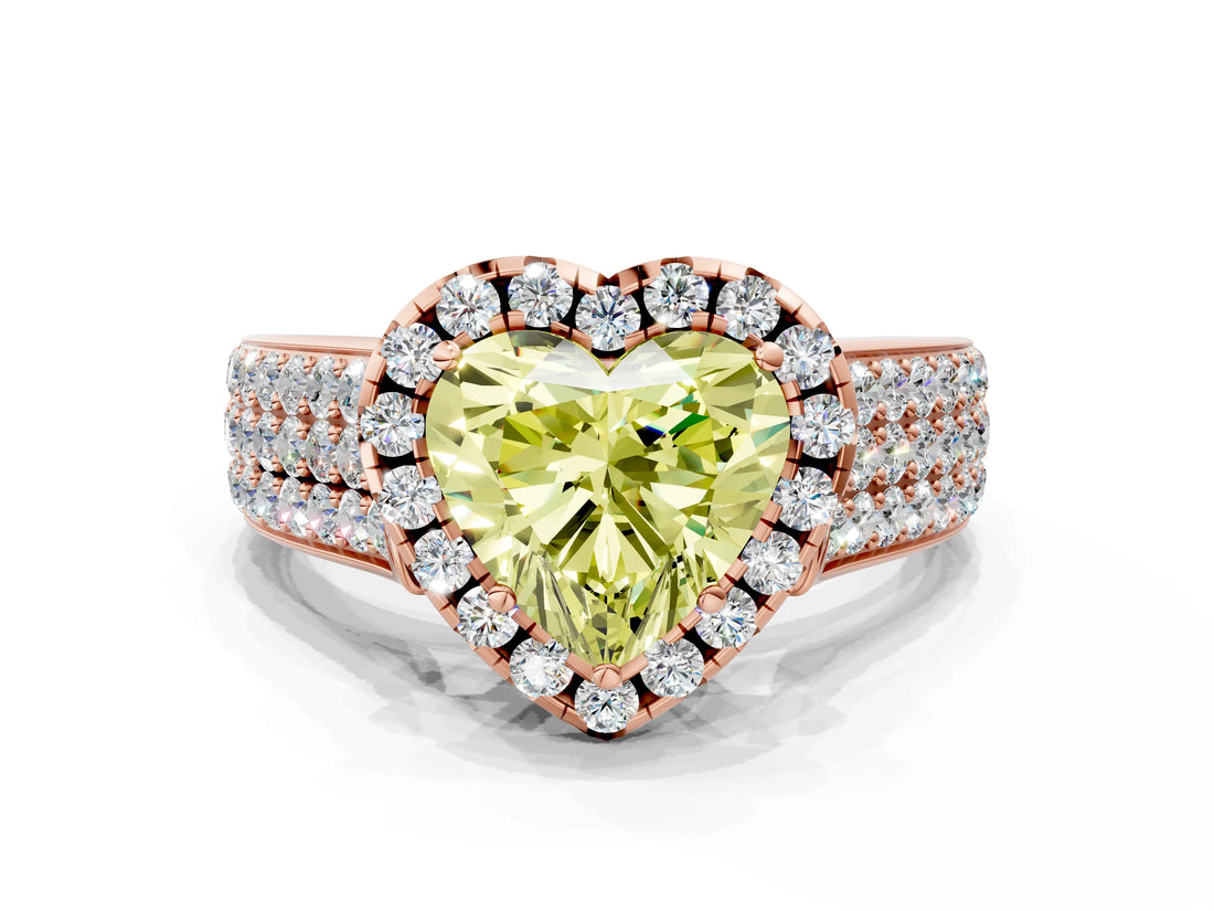 Rose gold Fancy Yellow Heart  Halo Round Diamond Pave Band with Prong Setting
