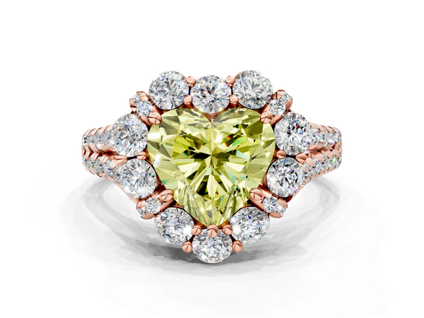 Rose gold Fancy Yellow Heart  Halo Split Shank Diamond Engagement Ring with Pave Band and Four-Prong Setting