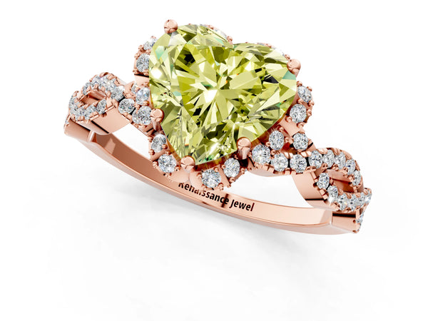 Rose gold Fancy Yellow Heart  Halo Twist Band Solitaire Ring with Six-Prong Setting