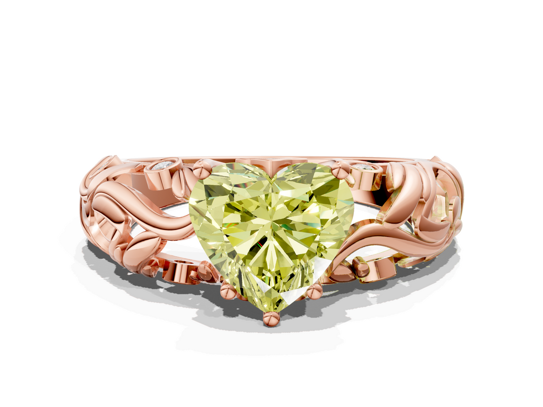 Rose gold Fancy Yellow Heart  Solitaire Diamond Leaf Vine Band with Prong Setting_48
