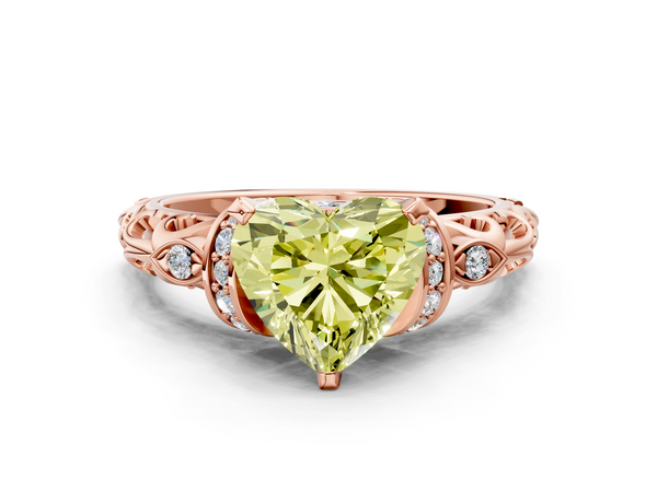Rose gold Fancy Yellow Heart Cut Diamond Solitaire Ring with Filigree Band and Four-Prong Setting