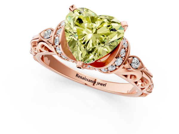 Rose gold Fancy Yellow Heart Cut Diamond Solitaire Ring with Filigree Band and Four-Prong Setting