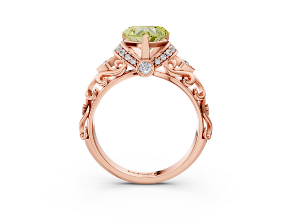 Rose gold Fancy Yellow Heart Cut Diamond Solitaire Ring with Filigree Band and Four-Prong Setting