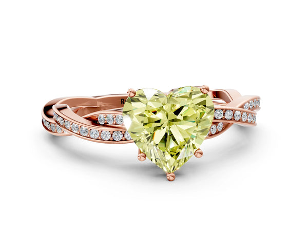 Rose gold Fancy Yellow Heart  Solitaire Twisted Pave Diamond Ring with Four-Prong Setting