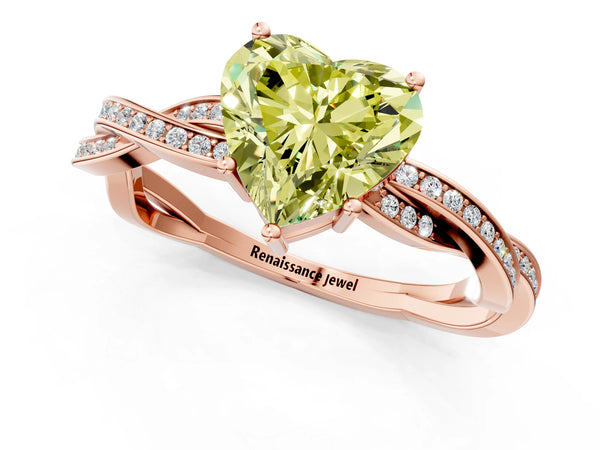 Rose gold Fancy Yellow Heart  Solitaire Twisted Pave Diamond Ring with Four-Prong Setting