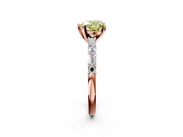 Rose gold Fancy Yellow Heart Cut Diamond Solitaire with Side Baguettes and Channel Set Band