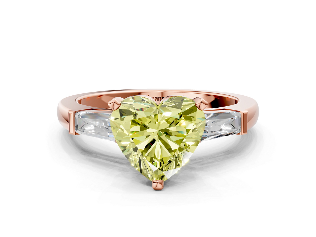 Rose gold Fancy Yellow Heart  Solitaire with Tapered Baguette Side Stones on a Classic Band with Four-Prong Setting_115