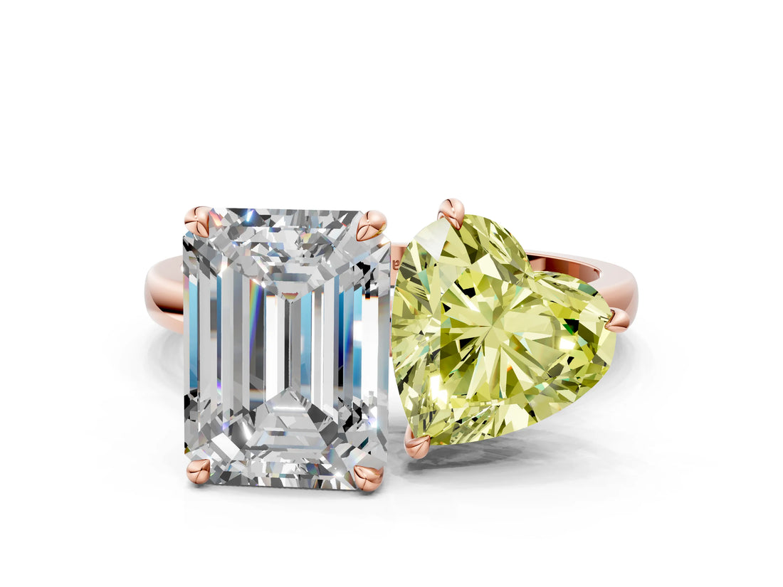Rose gold Fancy Yellow Heart  and Emerald Cut Toi Moi Ring with Prong Setting_46