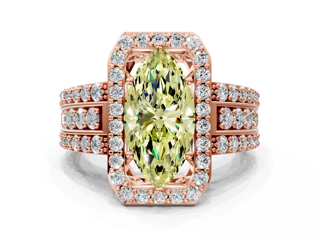 Rose gold Fancy Yellow Marquise -Cut Halo Diamond Ring with Split Shank and Four-Prong Setting_17