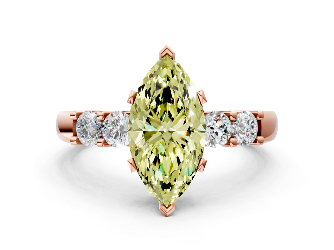 Rose gold Fancy Yellow Marquise  Brilliant Cut Diamond Five-Stone Prong Set Engagement Ring with Channel Band