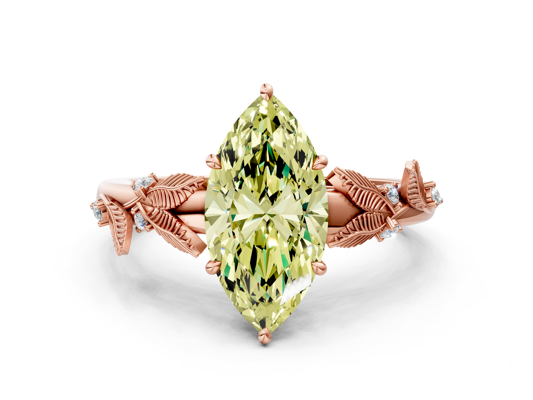 Rose gold Fancy Yellow Marquise  Brilliant Solitaire with Leaf Motif Band and Four-Prong Setting_33