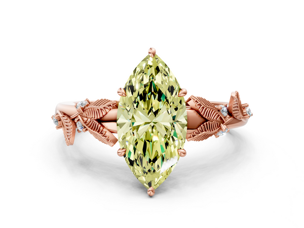 Rose gold Fancy Yellow Marquise Cut Diamond Solitaire Ring with Leaf Motif Band and Four-Prong Setting