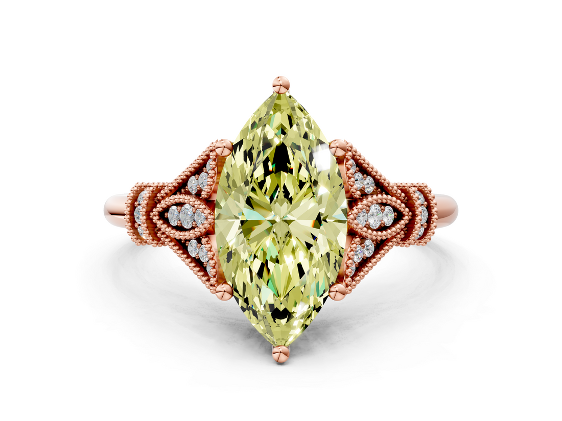 Rose gold Fancy Yellow Marquise  Brilliant Solitaire with Pave Band and Four-Prong Setting
