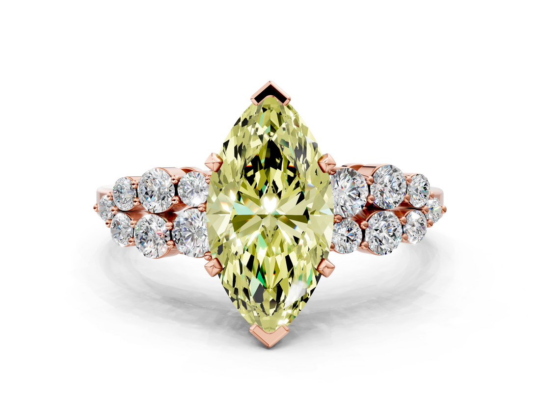 Rose gold Fancy Yellow Marquise  Cluster Diamond Engagement Ring with Pavé Band and Four-Prong Setting