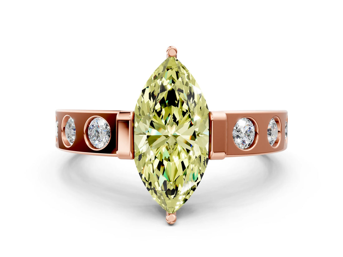 Rose gold Fancy Yellow Marquise Cut Brilliant Channel-Set Diamond Ring with Bezel Prong Setting