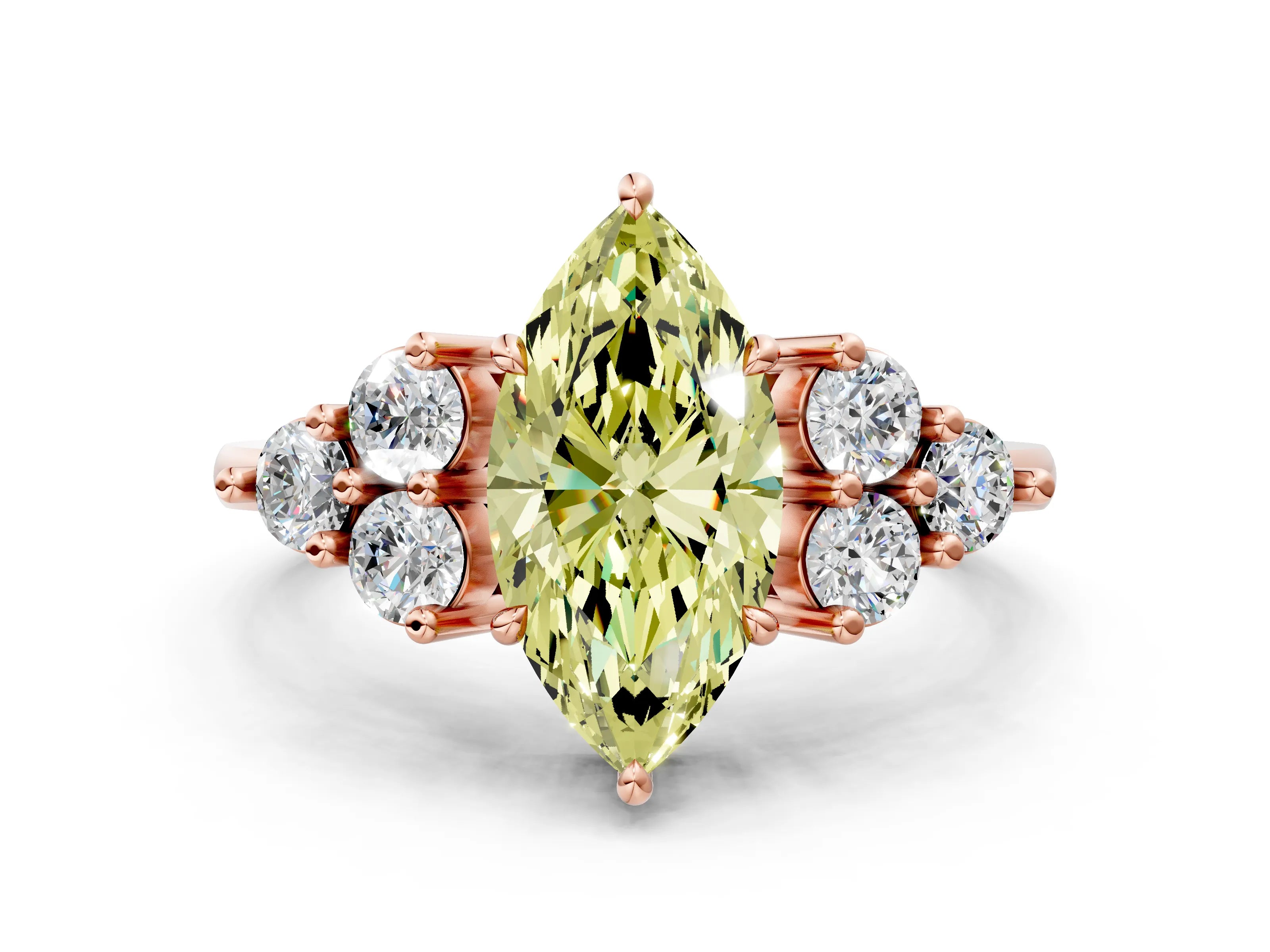 Rose gold Fancy Yellow Marquise Cut Brilliant Diamond Cluster Accent Solitaire Ring with Prong Setting
