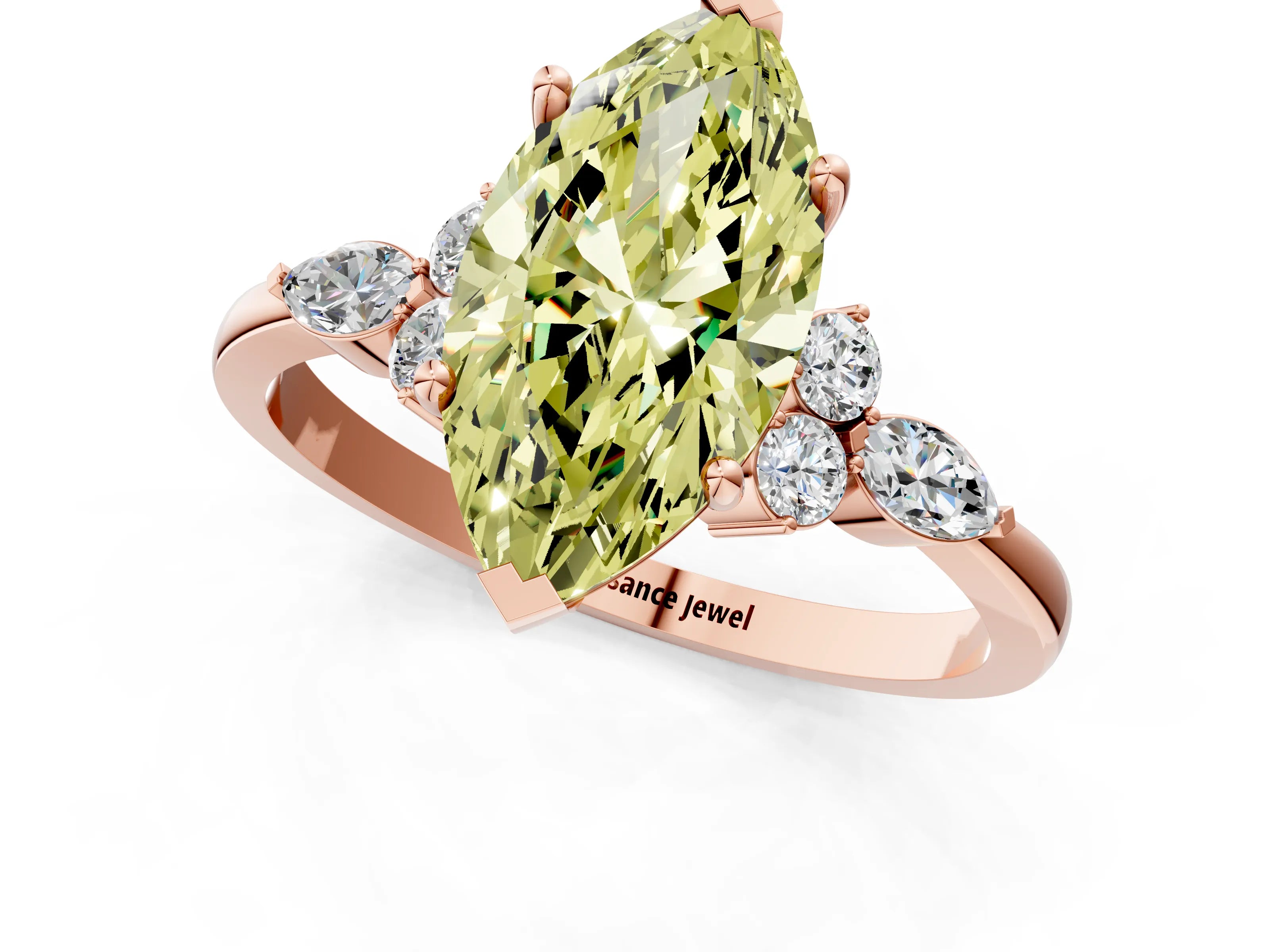 Rose gold Fancy Yellow Marquise Cut Brilliant Diamond Solitaire Ring with Pear Side Stones and Four-Prong Setting_4