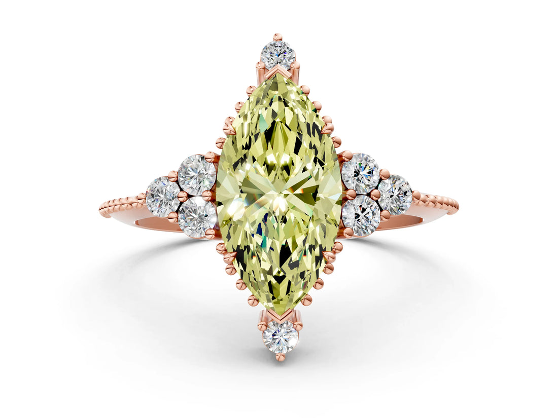 Rose gold Fancy Yellow Marquise Cut Brilliant Diamond with Cluster Setting on a Beaded Band and Four-Prong Setting