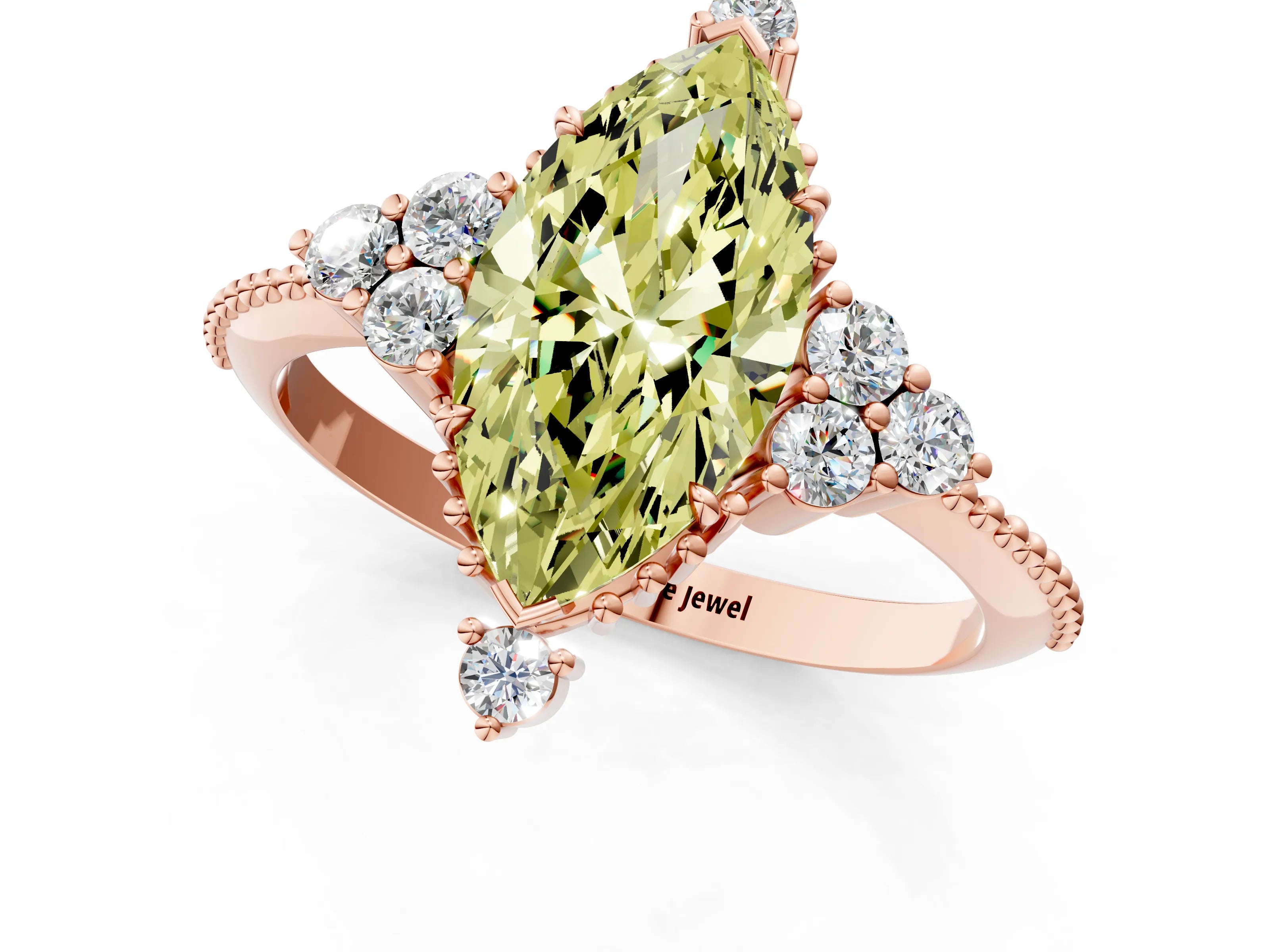 Rose gold Fancy Yellow Marquise Cut Brilliant Diamond with Cluster Setting on a Beaded Band and Four-Prong Setting_1