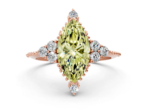 Rose gold Fancy Yellow Marquise Cut Brilliant Diamond with Cluster Setting on a Beaded Band and Four-Prong Setting