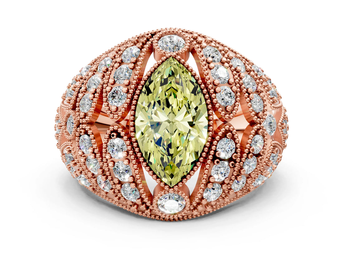 Rose gold Fancy Yellow Marquise Cut Brilliant Halo Pave Diamond Milgrain Ring