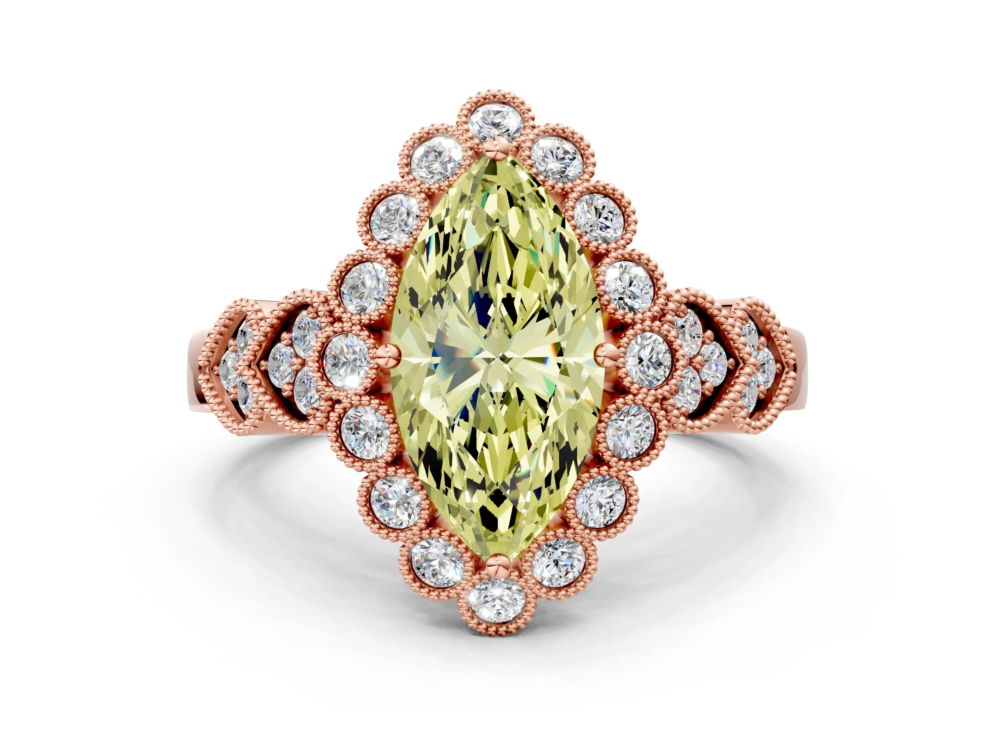 Rose gold Fancy Yellow Marquise Cut Brilliant Milgrain Pave Heart Band Solitaire Ring